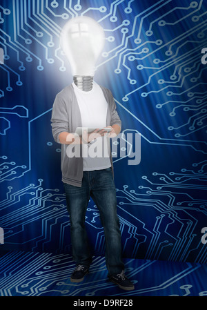 Student mit Glühbirne Kopf Beleuchtung Stockfoto