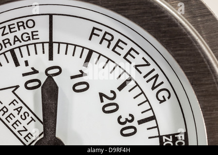 Eisige Zone Kühlschrank Thermometer Makro Detail. Stockfoto