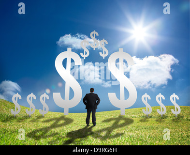 Geschäftsmann, stehen in einem Feld mit Dollar-Zeichen Stockfoto