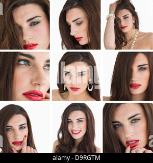 Collage aus attraktive Brünette mit rotem Lippenstift Stockfoto