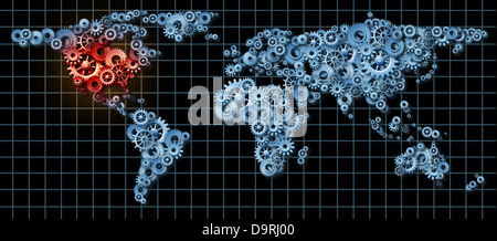 Amerikanische Wirtschaft-Business-Konzept mit einer Weltkarte aus Getriebe und Zahnräder mit den Vereinigten Staaten und Nordamerika habe ich hervorgehoben Stockfoto