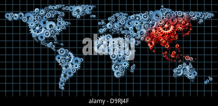 Asiens Wirtschaft und asiatischen Wirtschaften als eine Geschäftsidee mit einer Weltkarte von getrieben und Zahnrädern mit China Japan Korea gemacht als Idee des Wirtschaftswachstums rot hervorgehoben. Stockfoto