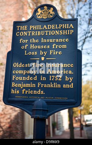 DER PHILADELPHIA-CONTRIBUTIONSHIP für die Versicherung der Häuser aus dem Verlust von ältesten Feuer Feuer-Versicherungs-Gesellschaft in Amerika. Gegründet im Jahre 1752 von Benjamin Franklin und seinen Freunden. Pennsylvania historisch und Museum Commission Stockfoto