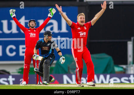 London, UK. 25. Juni 2013.  Englands Jos Buttler und Luke Wright, Rechtsmittel erfolglos für das Wicket Brendon McCullum, während die NatWest T20 internationalen Cricket-Match auf der Kia Oval Cricket Ground am 25. Juni 2013 in London, England. (Foto von Mitchell Gunn/ESPA/Alamy Live-Nachrichten) Stockfoto