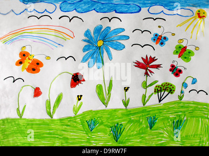 Bunte Kinder Zeichnung mit Schmetterlingen und Blumen Stockfoto