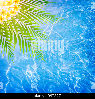 Abstrakte Wasser Hintergrund, frische Palmblätter und Frangipani Blumen auf blauem Meer Hintergrund, Kurort, Sommerurlaub Stockfoto