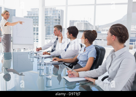 Geschäftsfrau zeigt auf einen Kollegen, der etwas bittet Stockfoto