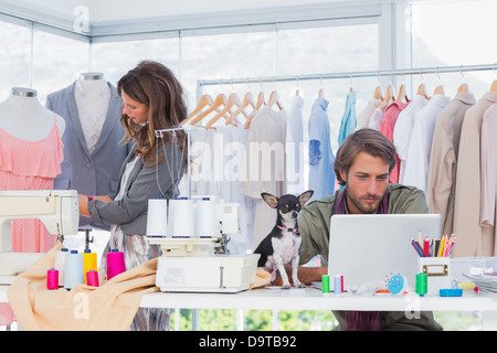 Mode-Designer bei der Arbeit mit einem Welpen auf dem Schreibtisch Stockfoto