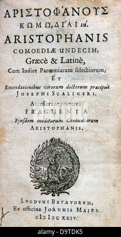 Aristophanes (ca. 446 v. Chr. – ca. 386 v. Chr.). Comic-Dramatiker des antiken Athens. Deckung seiner Komödien. Ausgabe in Leiden, 1624. Stockfoto