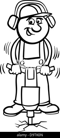 Schwarz / Weiß Cartoon Illustration des Mannes oder Arbeiter mit Presslufthammer für Kinder Malbuch Stockfoto