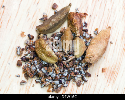 getrocknete Samen und Boden Kardamom aufpeppen nahe Stockfoto