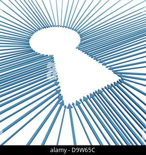 Schlüsselloch-Gruppe mit ein organisiertes Netz von drei dimensionale Pfeile geformt wie ein Schlüsselloch-Symbol für Lösungen und Geschäftserfolg auf weißem Hintergrund. Stockfoto