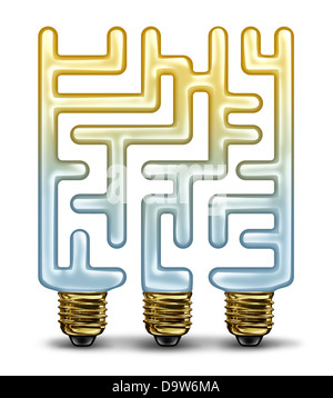 Kreative Herausforderungen und Problemlösung Business-Konzept mit einer Gruppe von Glas beleuchtet Glühbirnen geformt wie ein Labyrinth Stockfoto