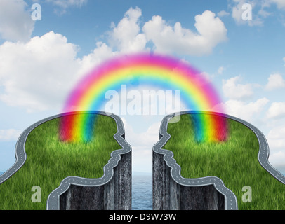 Brücke-Erfolgskonzept mit zwei Inseln und einer Straße oder Autobahn in Form eines menschlichen Kopfes durch einen leuchtenden Regenbogen als Symbol für kreative Zusammenarbeit und erfolgreiche Teamarbeit auf einen Ozean Sommerhimmel Geschäft verbunden. Stockfoto