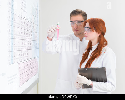 Nahaufnahme des kaukasischen Nachwuchswissenschaftler Blick auf ein Reagenzglas gefüllt mit rosa Stoff vor Periodensystem auf weiß b Stockfoto