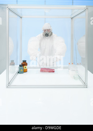 Wissenschaftler trägt einen Schutzanzug und Gasmaske experimentieren auf ein Stück rohes Fleisch in einer sterilen Kammer Stockfoto