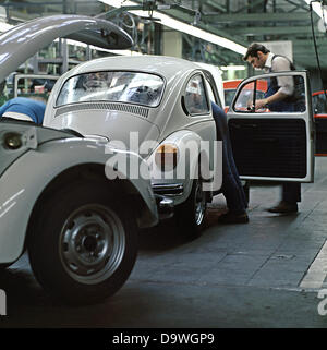 Zwei Mitarbeiter von Volkswagen erstellen Sie eine Montage an einen VW Käfer in der Fabrik in Emden im Januar 1978. Es ist die Produktion der letzten deutschen VW Käfer Autos, da die Produktion in Mexiko befinden wird. Stockfoto