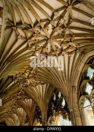 Die Decke zum Kreuzgang Dach zeigt die Fan Gewölbe und das Dach Bosse, die Kathedrale von Canterbury, Kent, England Stockfoto