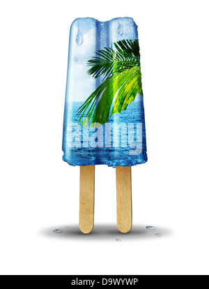 Coole Sommer-Konzept als eine aromatisierte Eis behandeln mit einer tropischen Sommer-Szene des Ozeans und Palme in der Kälte, erfrischende Dessert auf einem weißen Hintergrund. Stockfoto
