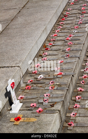 Verblasste kleine Holzkreuze und Mohn am Kriegerdenkmal Stockfoto