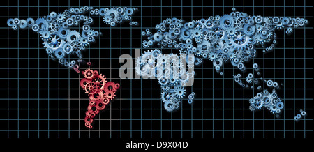 Lateinamerika-Wirtschaft-Business-Konzept mit einer Weltkarte gemacht von getrieben und Zahnrädern als Idee des Wirtschaftswachstums in rot hervorgehoben Stockfoto