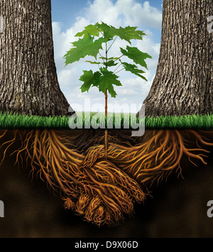 Neue geschäftliche Entwicklung Wachstumskonzept mit einer Gruppe von zwei Partner Bäume zusammenkommen als Pflanzenwurzeln in Form einer Vereinbarung Stockfoto