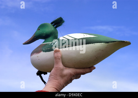 Ein Carver hält seine kürzlich abgeschlossenen Lockvogelente Stockfoto