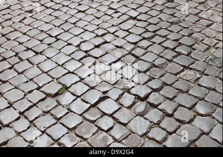 Sehr alte römische Steinpflaster in der Innenstadt von Rom, Italien Stockfoto