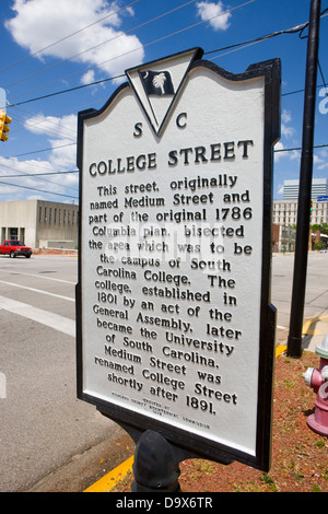 COLLEGE STREET Straße, ursprünglich unter dem Namen Medium Street und Teil des ursprünglichen 1786 Columbia Plan, halbiert das Gebiet wurde auf dem Campus der South Carolina College sein. Später wurde das College, gegründet im Jahr 1801 durch einen Akt der Generalversammlung, der University of South Carolina. Mittlere Straße umbenannt College Street kurz nach 1891. Errichtet von Richland County Bicentennial Kommission, 1978 Stockfoto