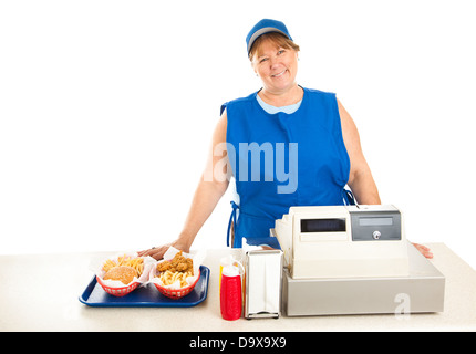 Arbeiter freundlich Fast-Food serviert Speisen und führt die Kasse. Weißen Hintergrund. Stockfoto