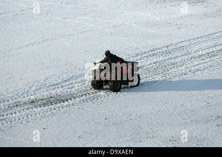 Bauer auf Quad ATV Fahrrad strömenden Futter heraus für Schafe im Schnee, North Yorkshire. Stockfoto