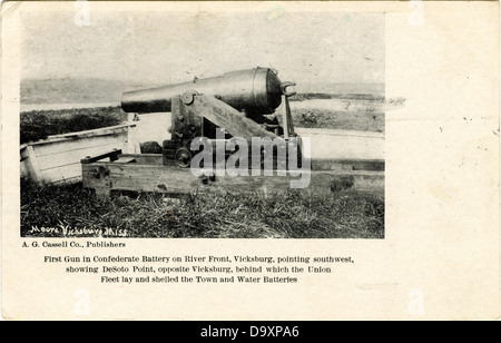 Erste Waffe in der Konföderierten Batterie am Flussufer, Vicksburg, nach Südwesten, Desoto, gegenüber Vicksburg, hinter denen die Union Flotte legen und ohne Schale die Stadt und Wasser. Stockfoto