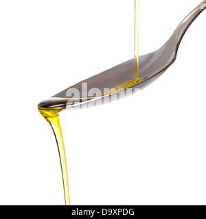 Olivenöl und Löffel isoliert auf weißem Hintergrund und quadratische Komposition Stockfoto