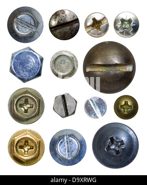 Schraubenköpfe isoliert auf weiss Stockfoto