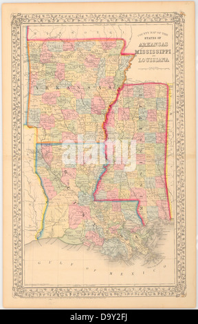 Landkreis Karte von den Bundesstaat Arkansas, Mississippi und Louisiana. Stockfoto