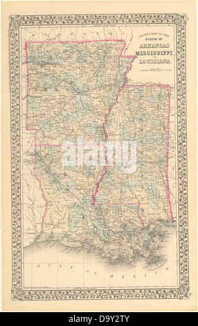 Landkreis Karte von den Bundesstaat Arkansas, Mississippi und Louisiana. Stockfoto