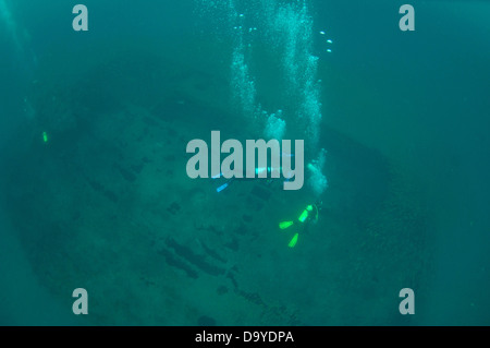 Ein versunkenes Schiff bietet eine tolle Wrack Tauchen Gelegenheit und zeigt eine Vielzahl von Meeresbewohnern, Brunei Darussalam, Borneo Stockfoto