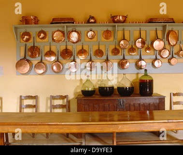 Reihen von Kupfer Töpfe und Pfannen auf Holzwand Gestell über dem Sideboard mit großen Ballons Rotwein in französische Landküche Stockfoto