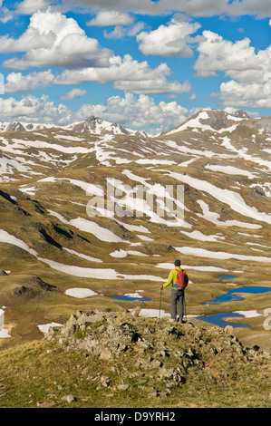 Ein Mann, Wandern durch Tundra in den San Juan National Forest, Silverton, Colorado. Stockfoto