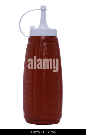 Eine klassische generische Sqeezy Flasche für braune Sauce auf weißem Hintergrund Stockfoto