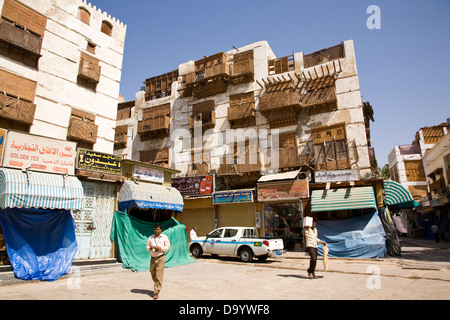 Eine Bewegung ist im Gange, alte Korallen Häuser, alte Jeddah (Al-Balad), Saudi Arabien zu bewahren Stockfoto