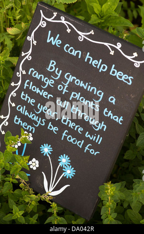 Wir können helfen, Bienen, Information der Öffentlichkeit Schild am Ryton Bio-Garten, Warwickshire, England Stockfoto