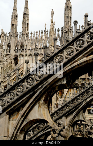 Türmen, Statuen und eine Vielzahl von Formen und Skulpturen auf dem Dach des Doms in Mailand Italien Stockfoto
