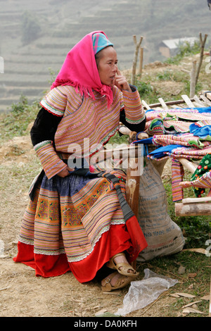 Bunt gekleidet Flower Hmong Frauen auf dem Markt in Bac Ha, Vietnam, Südostasien Stockfoto