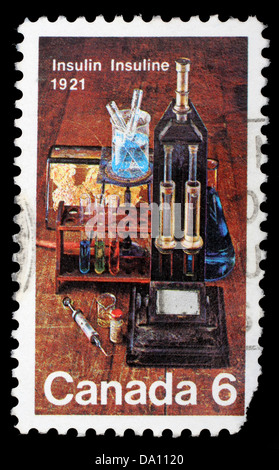 Briefmarke gedruckt durch Kanada, zeigt Labor Ausrüstung benutzt für Insulin Entdeckung, ca. 1971 Stockfoto