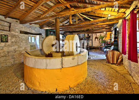 Die alten Olivenbäume Pressemuseum Magazia Village, Paxos (oder "Paxi") Insel, Ionisches Meer, Nordteil ("sieben Inseln"), Griechenland. Stockfoto