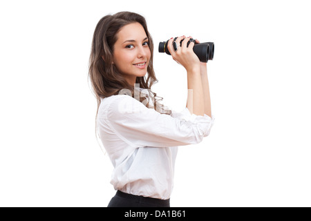 Porträt der wunderschöne junge Brünette Holding leistungsstarke Ferngläser. Stockfoto