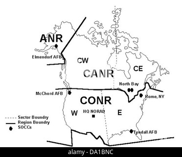 Diese NORAD-Region-Sektorkarte enthält eine detaillierte Aufschlüsselung der Sektoren der North American Aerospace Defense Command. Es stellt die Sicherheitszonen und Luftabwehrregionen dar, die von NORAD überwacht werden, um die kontinentale Verteidigung zu gewährleisten. Stockfoto