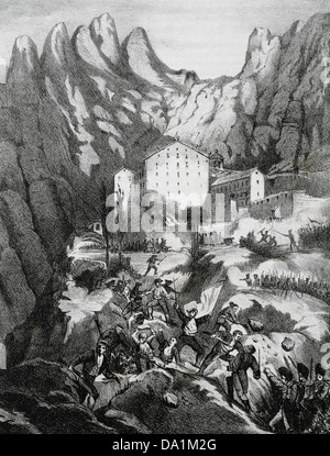 Halbinselkrieg (1808-1814). Eroberung und Plünderung des Klosters Montserrat von französischen Truppen, 1811. Lithographie, Stockfoto