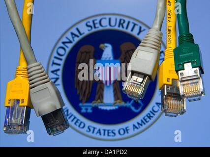 Abbildung - eine illustrierte Bild zeigt verschiedene Netzwerkkabel hängen vor einem Computer-Bildschirm zeigt das Logo von der uns National Security Agency (NSA) in einem Büro in Schwerin, Deutschland, 1. Juli 2013. Foto: JENS Büttner Stockfoto